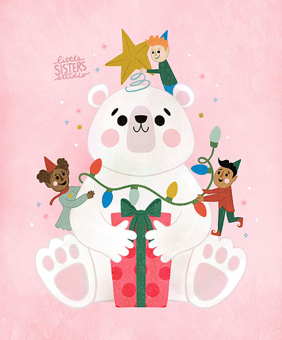 Beary Christmas character children christmas cute elf elves holiday illustration lights pink polar bear procreate