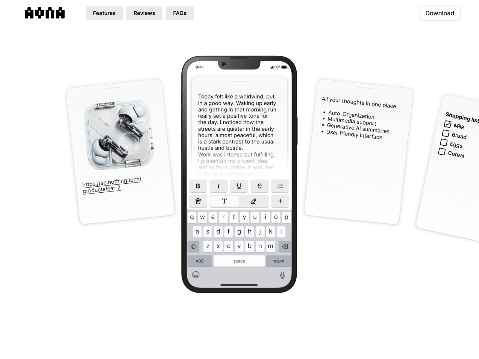 Aona Landing-page app framer interactive landing page mobile notes rive ui website