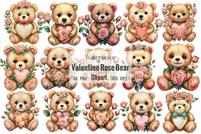 Watercolor Valentine Rose Bear Clipart animal clipart