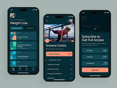 Fitness App app fitness list mobile payment plan popup profile subscribe ui ux