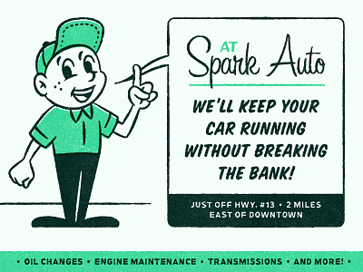 🚘 Spark Auto 1940s 40s ad advertisement auto branding character character design comic design distressed green illustration mechanic retro texture vintage
