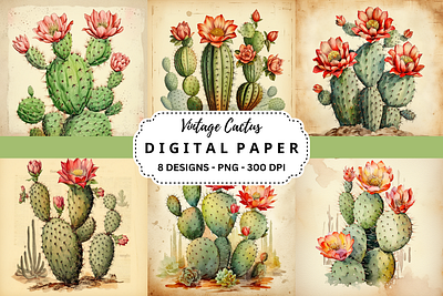 Vintage Cactus Watercolor Digital Paper tumbler wrap