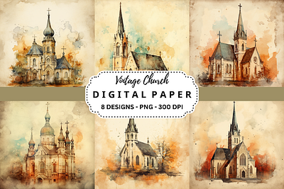 Vintage Church Watercolor Digital Paper church clipart design designs graphic illustration paitings pictures png sublimation vintage watercolor