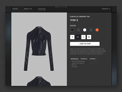 Product card for the mugler clothing store card clothing shop concept dark design design concept mugler mugler shop product card redesign ui uiux design ux web design