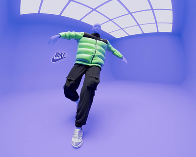 Dancing Man 3d animation branding breakdance charactere cloth cloth simulation green jacket motion graphics nike nike air purple shoes sport