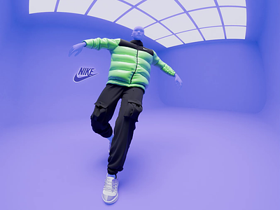 Dancing Man 3d animation branding breakdance charactere cloth cloth simulation green jacket motion graphics nike nike air purple shoes sport