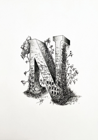N from Nature art artist artistic artwork author black and white concept art concept design design graphic design illustrated capital letter illustration ink nature traditional art typography