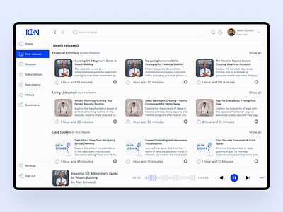 ION Podcast App: New Releases Screens audio audiobooks ion mobile app new relases now playing podcast app saas startup ui ux web web app website