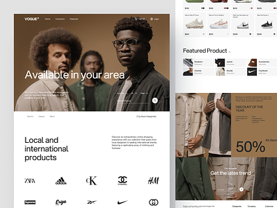 Vogue® - Ecommerce of clothing and footwear brand clean clothing collection ecommerce email subscription featured product figma footwear hero section landing page minimalism mockup product page product section search optimizion sneakers user interface web design website