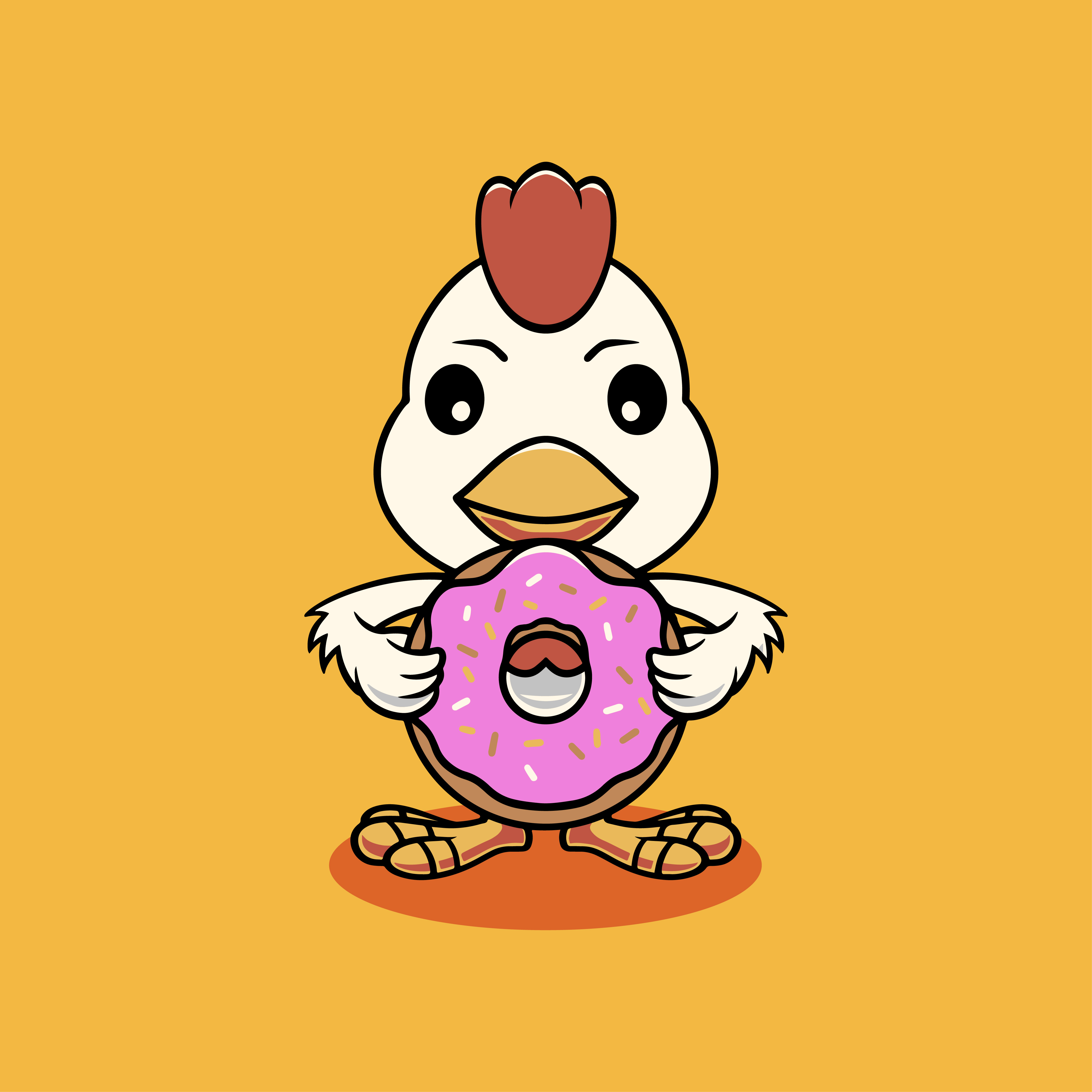 Cute chicken eating big donut cartoon illustration sugar