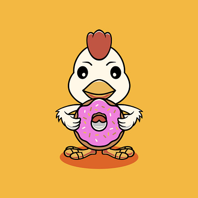 Cute chicken eating big donut cartoon illustration sugar