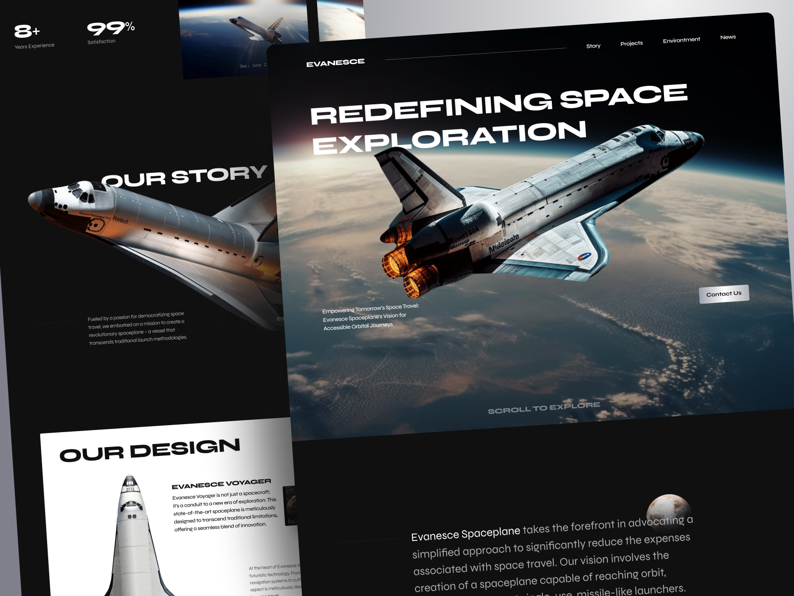 Evanesce - Spaceplane Landing Page Exploration dark landingpagedesign minimalist spaceplanes ui uidesign uidesigner uiux userinterface userinterfacedesign webdesign