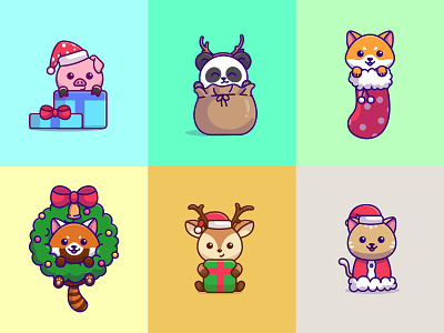 Random Animal with Christmas Theme🎄🎅❄️🎁 animal christmas cartoon christmas christmas cartoon christmas design christmas illustration cute cute animal cutecartoon design giftbox illustration logo mascot vector wreath