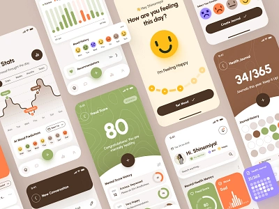 Freud UI Kit: AI Mental Health App 🧠 ai mental health app brown emotion green health app health journal mental health mental health app minimal mood mood app mood tracker orange stress stress app stress tracker therapy app ui ui kit virtual care