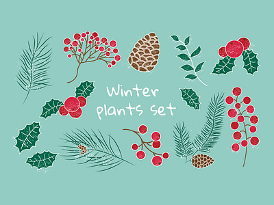 Christmas collection of Winter Plants. Vector illustration. banner christmas collection flat graphic design illustration poster set snow template vector winter