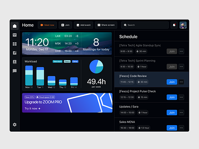 Zoom Desktop Interface Concept chart concept dark mode dark theme dashboard interface layout menu product product design redesign ui uiux user experience user interface ux web web design widget zoom