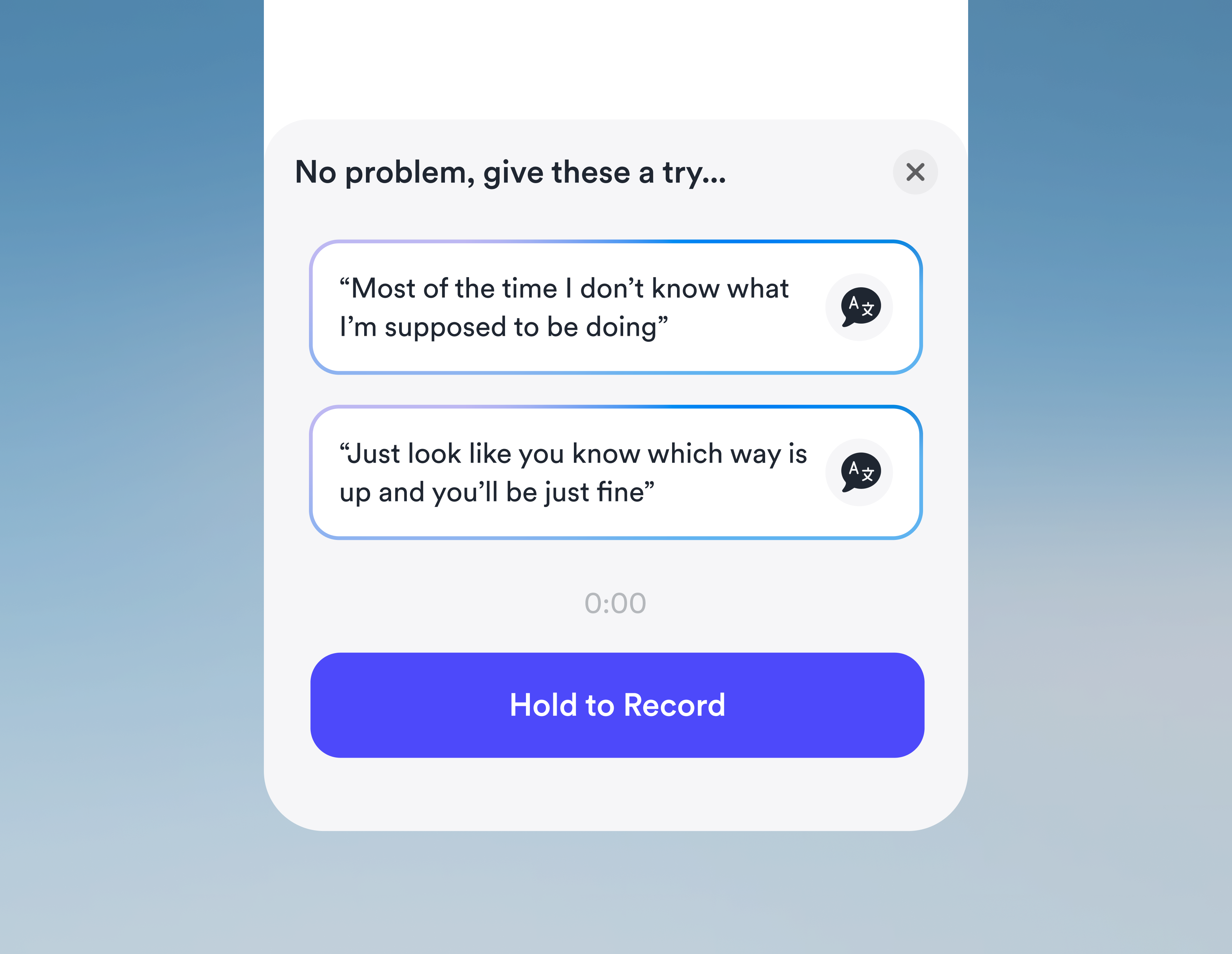 AI prompts ui modal ai app button cards chat gradient hold modal prompt record stroke timer translate ui ux voice x