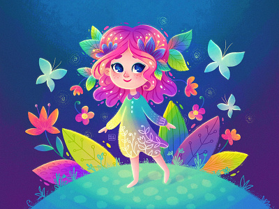 The Rainbow Maiden and the dance of bright colors. Illustration art artist bright butterfly character child childish children colorful concept design fairy fairytale flowers girl illustration leaves maiden woman