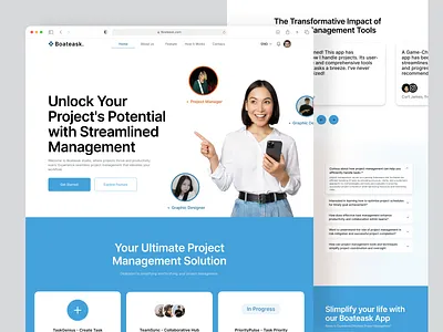 Boateask (Task and Project Management) - Landing Page customizable project solutions graphic design landing page project management project management solutions project progress visualization task management systems team collaboration tools team communication platforms