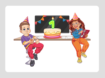 Sok Studio - 1 Year Anniversary! 1 year animation anniversary birthday cake candle casino characters desk game gaming igaming illustration juice laugh lottie party sok spine studio