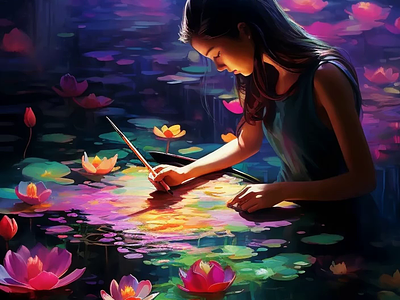 a painter painting some water lilies with different colors ai animation branding graphic design logo motion graphics ui