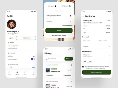 Mobile App Real Estate (Profile, Login, History, Checkout pages) animation branding checkout page graphic design listing login mobile app mobile setting motion graphics pdp product card profile property property app real estate design rent setting page uidesign ux web