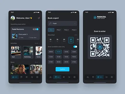 Sports Center - Mobile App activity app center clean dark dark mode design fitness gym interface mobile mobileapp schedule sport sportcenter tennis ui ux