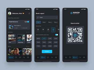 Sports Center - Mobile App activity app center clean dark dark mode design fitness gym interface mobile mobileapp schedule sport sportcenter tennis ui ux