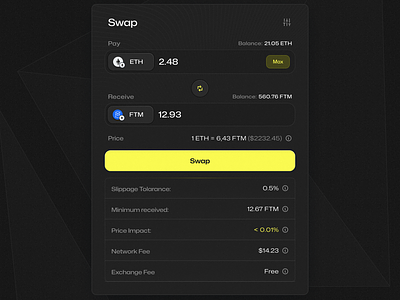 Crypto Swap ✷ Dark mode bitcoin bridge crypto dapp dark dark mode decentralized defi ethereum finance fintech interface minimal swap swapping tech trade ui ux web3