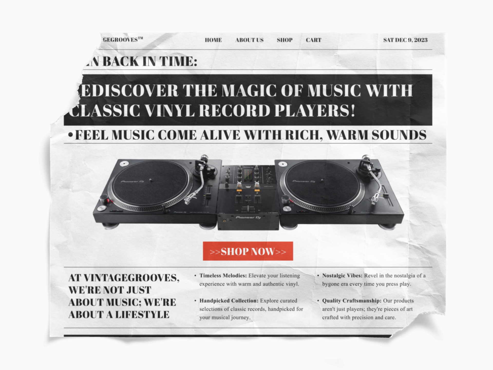 Landing Page Exploration - Vintage vinyl players landing page newspaper product design ui design ux design visual design