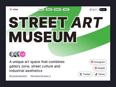 Web page for street art museum art branding card contrast cta daily design exhibition graphic design green media meeitng meetup museum social socials ui ux web