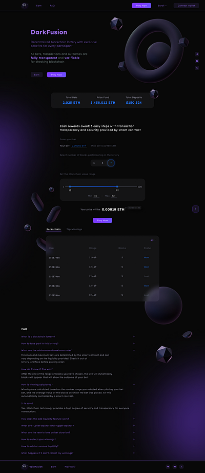 Blockchain lottery main page & f.a.q. aesthetics blockchain cosmic crypto cryptocurrency dark dark theme faq hero image input landing page lottery main page minimalism modern slider space stats table ui ui