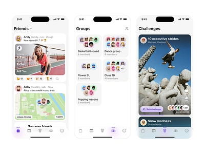 A social media app designed to get kids moving! challenges child concept fitness friends groups kids localization map mobile app social sport tik tok ui ux