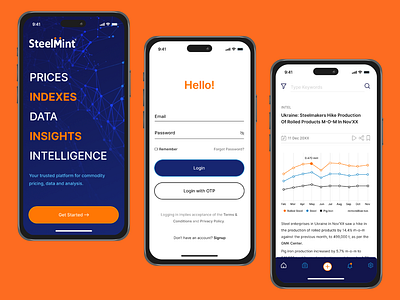 SteelMint App app blue coal graph india indian login mobile orange product design saas signing signup steel ui user experience user interface ux welcome screen