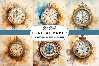 Old Clock Watercolor Digital Paper tumbler wrap