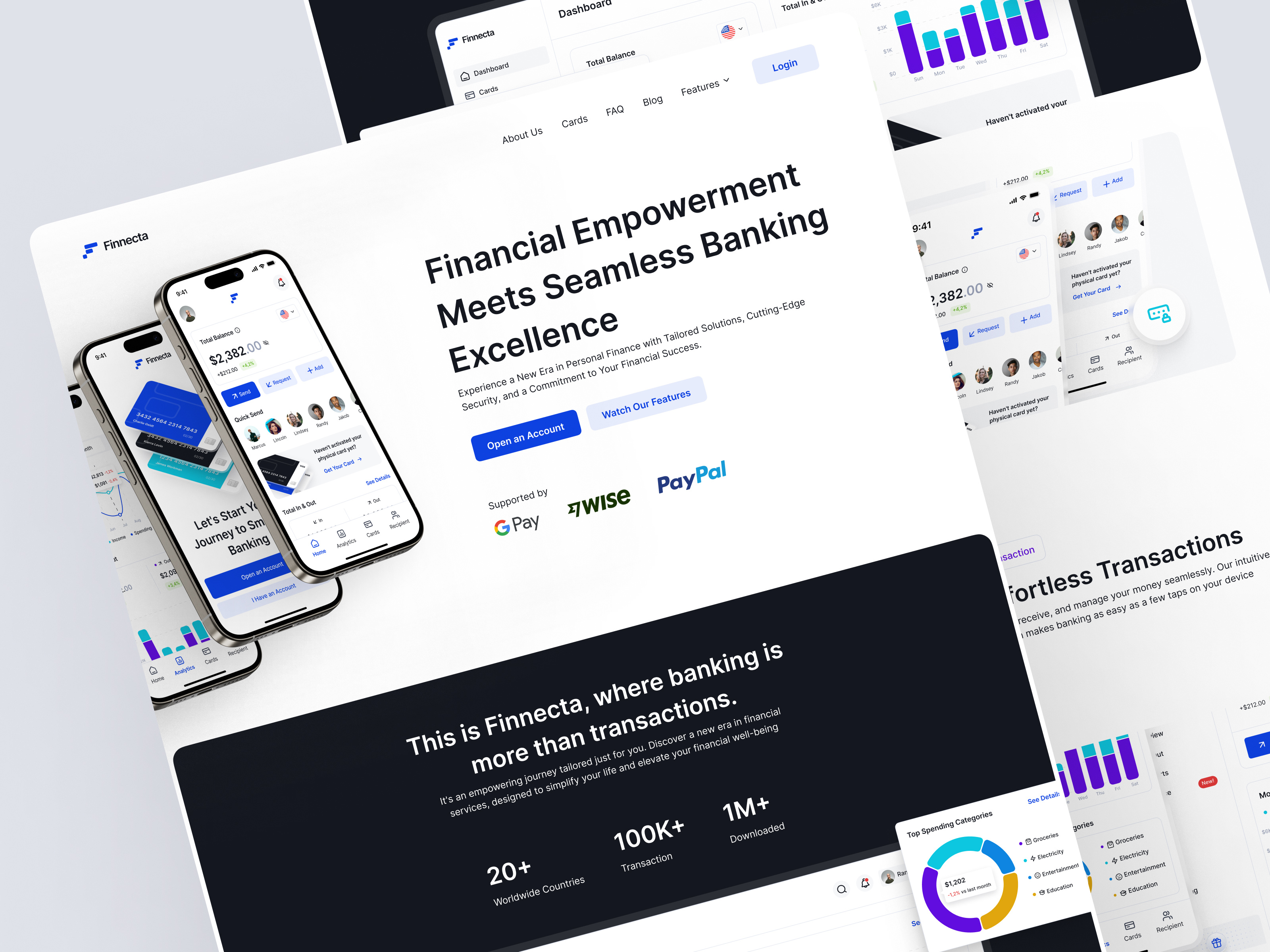Finnecta - Banking Landing Page bank bank app banking banking landing page chart credit card currency ewallet finance financial fintech landing landing page money ui ui design uiux web page