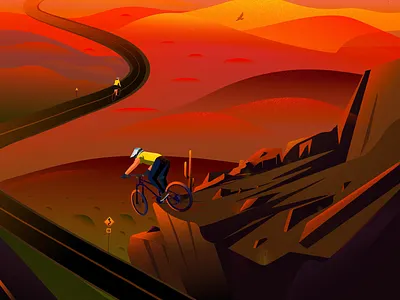 Desert bird cycle desertlandscape deset dusk evening illustration illustrations landscape light mountain nature red roack road sunset