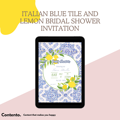 Italian Blue Tile/Lemon Digital Bridal Shower Invitation blue tiles bridal shower canva design digital invitation english graphic design italy lemons template