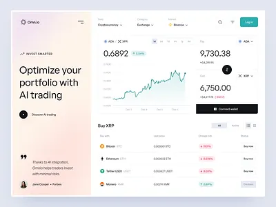 Omn.io • Exchange and price-tracking platform ai assistant bitcoin color crypto dashboard desktop exchange finance fintech graph market minimal platform table trading ui ux wallet web