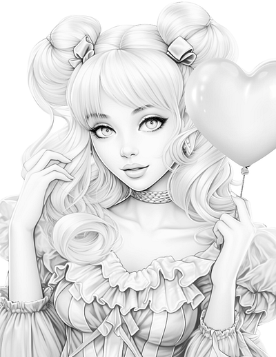Sweetheart 3 adult coloring ai coloring ai generated black and white coloring page ddlg coloring illustration printable coloring sexy coloring woman dressed like a doll woman in pigtails woman in space buns