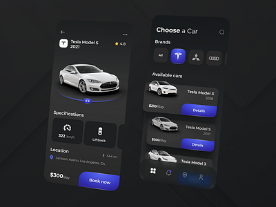 Car Rental Mobile App 3d app booking car choose concept dark design driver futuristic interface ios map mobile rental search tesla transport u ui