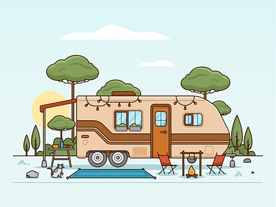 Motorhome camp campsite car caravan cat chair home illustration landscape motorhome nature pet pot rug rv sky tree ui ux window