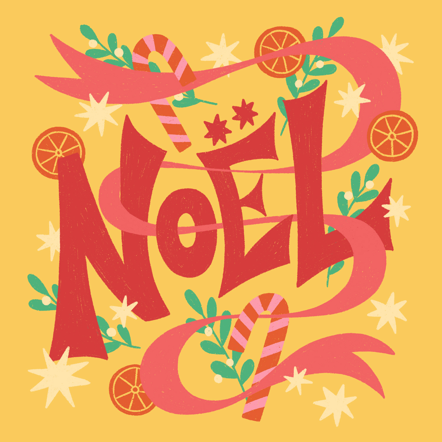 Noël Fun Lettering candy cane christmas colorful cute festive fun illustration joyeux noel joyful lettering magical merry christmas mistletoe noel noël procreate ribbon typography