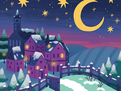 Magical Snowy Village calm christmas cute illustration magical nature peaceful procreate quiet small town small village snow snowy sunset village winter winter wonderland
