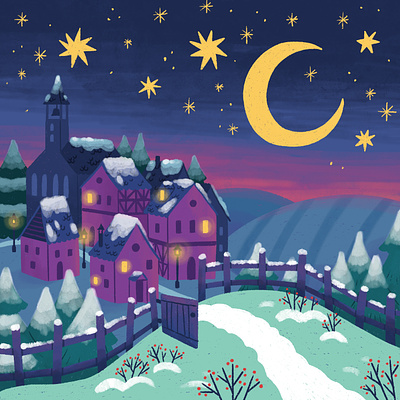 Magical Snowy Village calm christmas cute illustration magical nature peaceful procreate quiet small town small village snow snowy sunset village winter winter wonderland