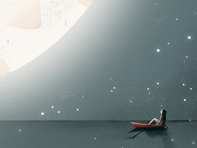 Moon Boost artwork august night boat by night chill girl illustration me time meditate moon moonlight night red boat reflect reflection sail sailing sea stars summer