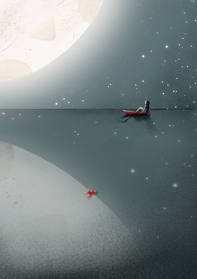 Moon Boost artwork august night boat by night chill girl illustration me time meditate moon moonlight night red boat reflect reflection sail sailing sea stars summer
