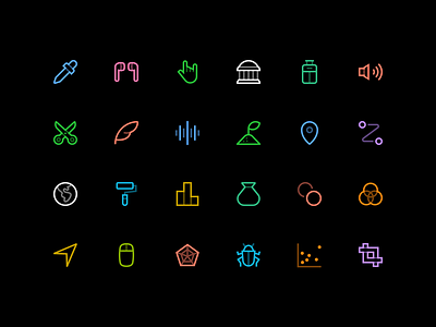 Symbols & Icons continued airpods bag bug building chart earth eye dropper feather globe grow hands icon set icons location luggage paint scissors sound ui icons