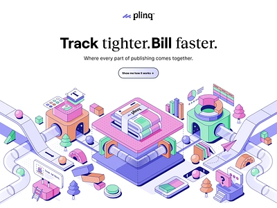 Plinq Publishing 3d ai animation billing brand branding complex hero icon iconography illustration isometric journal layout logo messaging news publishing rube goldberg website