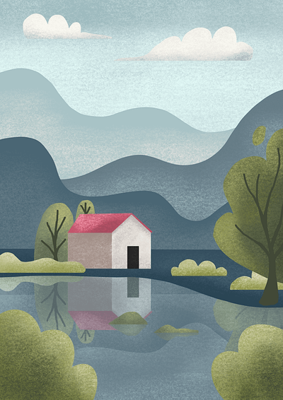 A little house drawing flat illustration house illustration lake procreate scenery